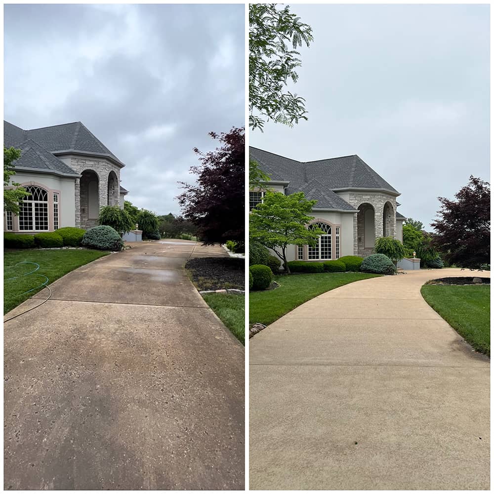 gray home with sand colored trim and concrete before and after cleaning