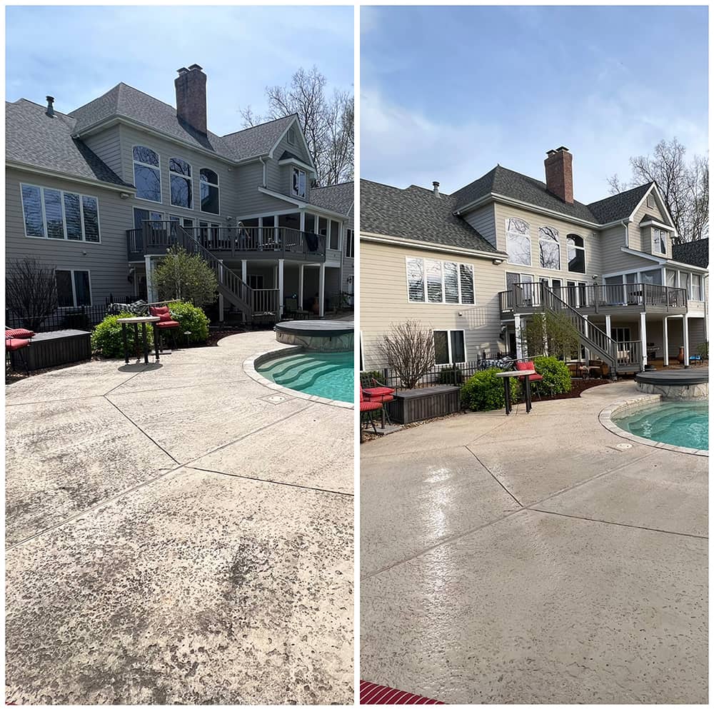 gray home with pool deck before and after cleaning
