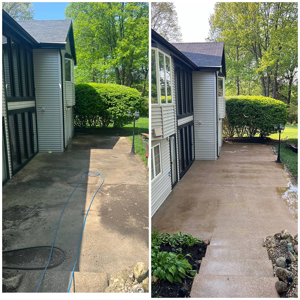 white home with concrete before and after cleaning