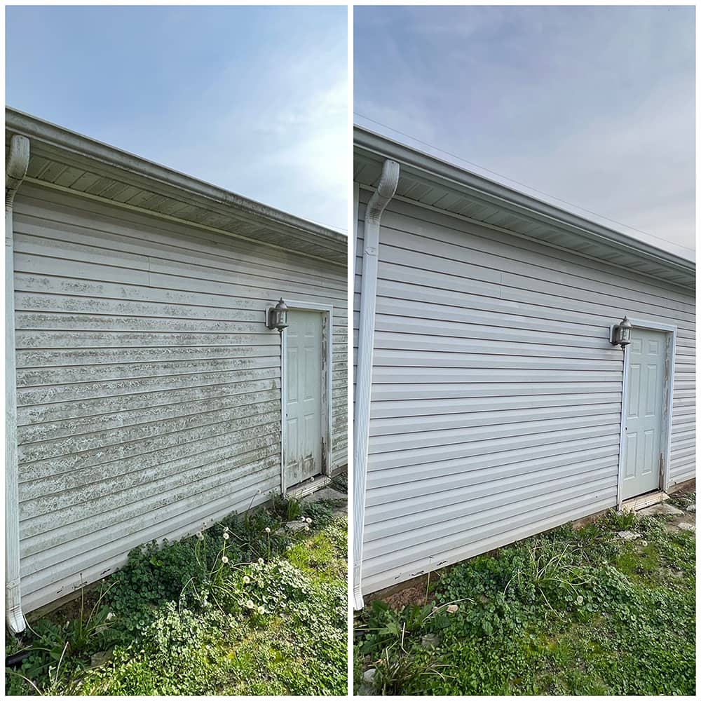 white siding and door before and after cleaning