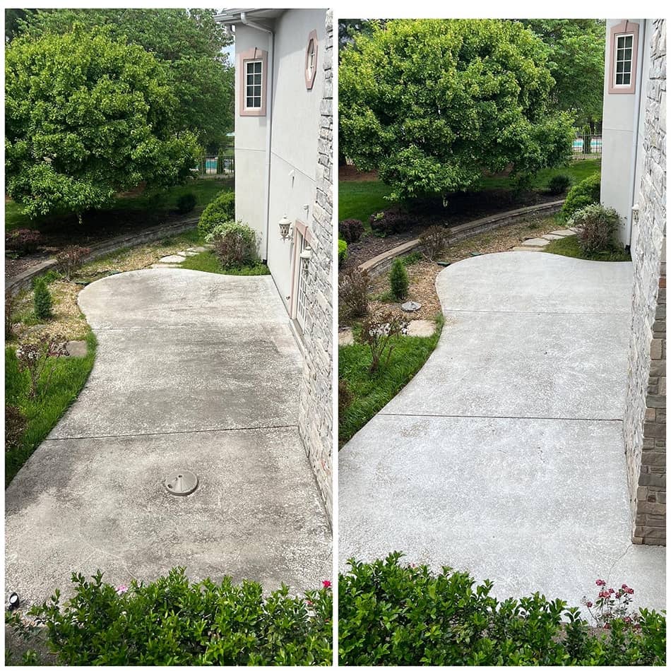 concrete outside of gray home before and after cleaning